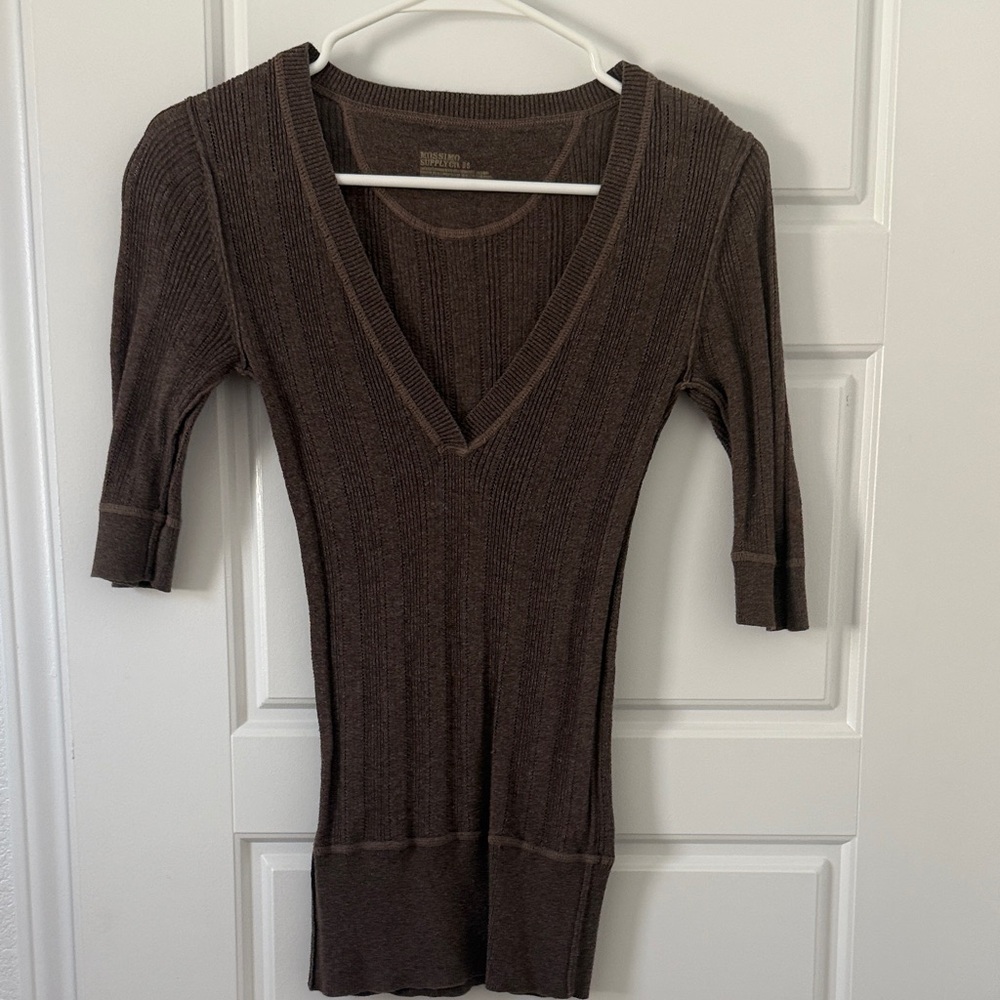 Mossimo Supply Co. Brown Ribbed V-Neck Short Sleeve Top